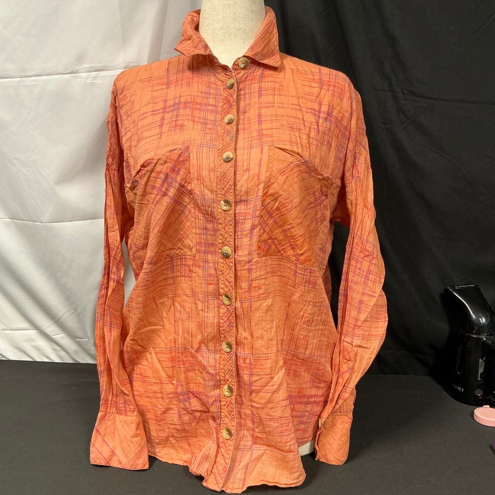 Free People Orange Plaid Button Down Shirt Long Sleeve Cotton Top